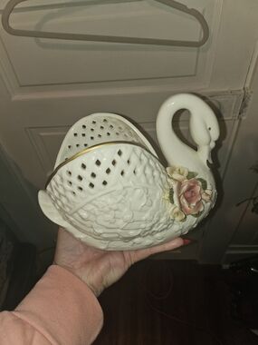 Vintage White Ceramic Swan Planter with Pink Floral Accent